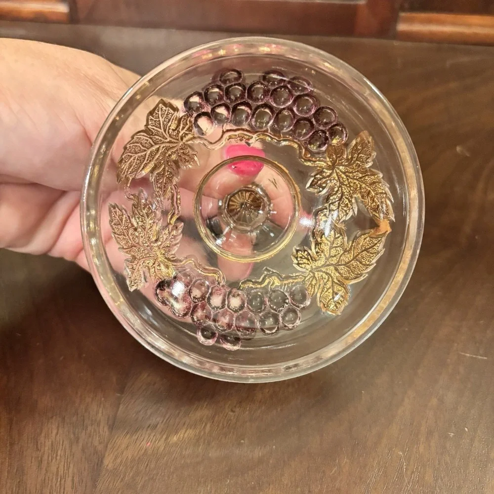Vintage Mosser Glass Grape Covered Sugar Bowl Purple Grapes Gold Trim Candy Dish
